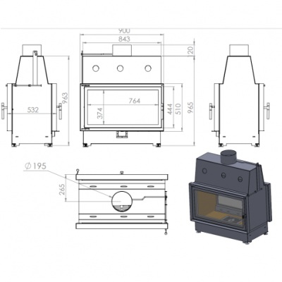Каминная топка Echa Tech Double 90x51/V 15 кВт, 900/510, туннель Каминная топка Echa Tech Double 90x51/V 15 кВт, 900/510, туннель