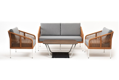 Лаунж-зона 4SIS Канны 4-местная из роупа со столиком Глория, цвет дуб, каркас светло-серый, роуп оранжевый меланж