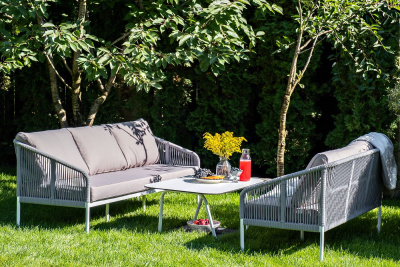 Диван 4SIS Канны 3-местный из роупа; каркас алюминий белый муар, роуп светло-серый круглый, ткань серая 017