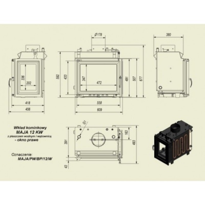 Каминная топка Kratki Maja PW BL 12 W Z (стекло слева, змеевик) Каминная топка Kratki Maja PW BL 12 W Z (стекло слева, змеевик)
