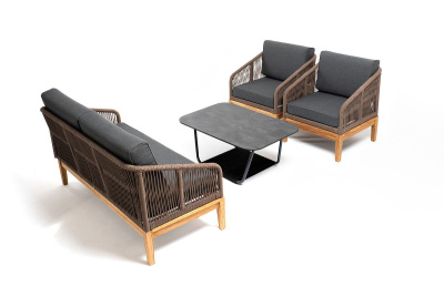 Лаунж-зона 4SIS Канны 4-местная из роупа со столиком Гранада Цвет: серый гранит, дуб, коричневый, темно-серый