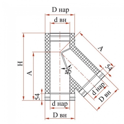 Тройник Дымок 0.5 мм, 45 с изоляцией, d=110 мм Тройник Дымок 0.5 мм, 45 с изоляцией, d=110 мм