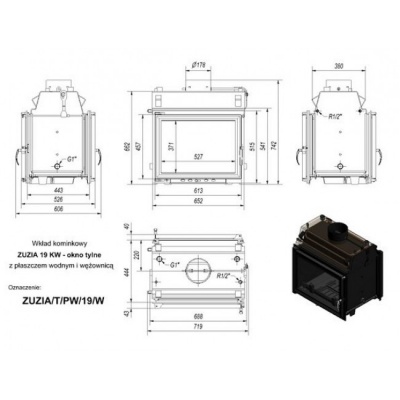 Каминная топка Kratki с водяным контуром Zuzia T PW 19 W(тунель) Каминная топка Kratki с водяным контуром Zuzia T PW 19 W(тунель)