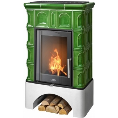 Печь-камин ABX BRITANIA EXclusive, белый цоколь - вставка Orion (зеленый)