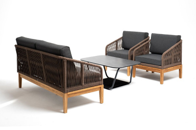 Лаунж-зона 4SIS Канны 4-местная из роупа со столиком Гранада Цвет: серый гранит, дуб, коричневый, темно-серый