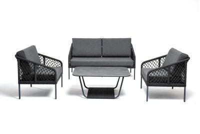 Кресло из роупа (узелки) 4SIS Канны, каркас темно-серый муар, роуп темно-серый, ткань темно-серая 027 Кресло из роупа (узелки) 4SIS Канны, каркас темно-серый муар, роуп темно-серый, ткань темно-серая 027