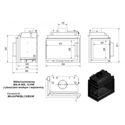 Каминная топка Kratki Maja PW BL 12 BS W (угловое стекло слева, змеевик) Каминная топка Kratki Maja PW BL 12 BS W (угловое стекло слева, змеевик)